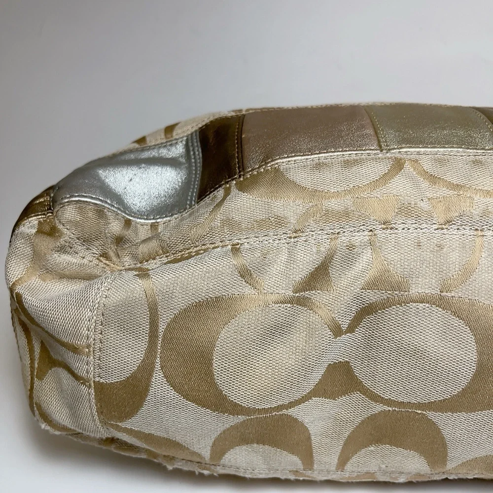 Coach Womens Canvas Stripe Patch Hobo Tan Shoulder Bag